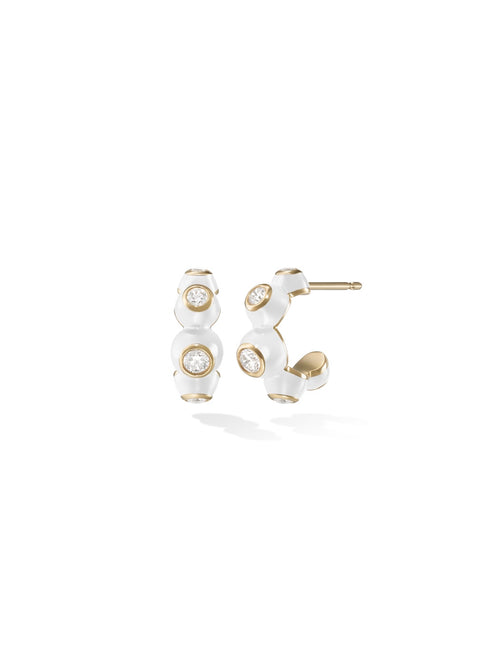 Audrey Huggie Hoop in White Enamel and 18k Yellow Gold with White Diamonds — Melissa Kaye
