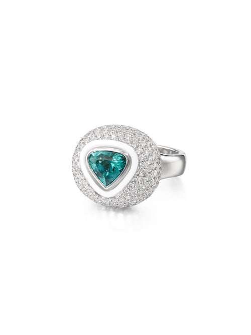 Lenox Bubble Ring in 18k White Gold with White Enamel, Pave Diamonds and Paraiba 