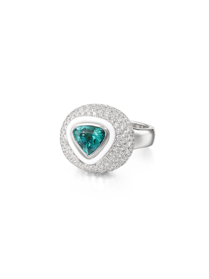 Lenox Bubble Ring in 18k White Gold with White Enamel, Pave Diamonds and Paraiba 