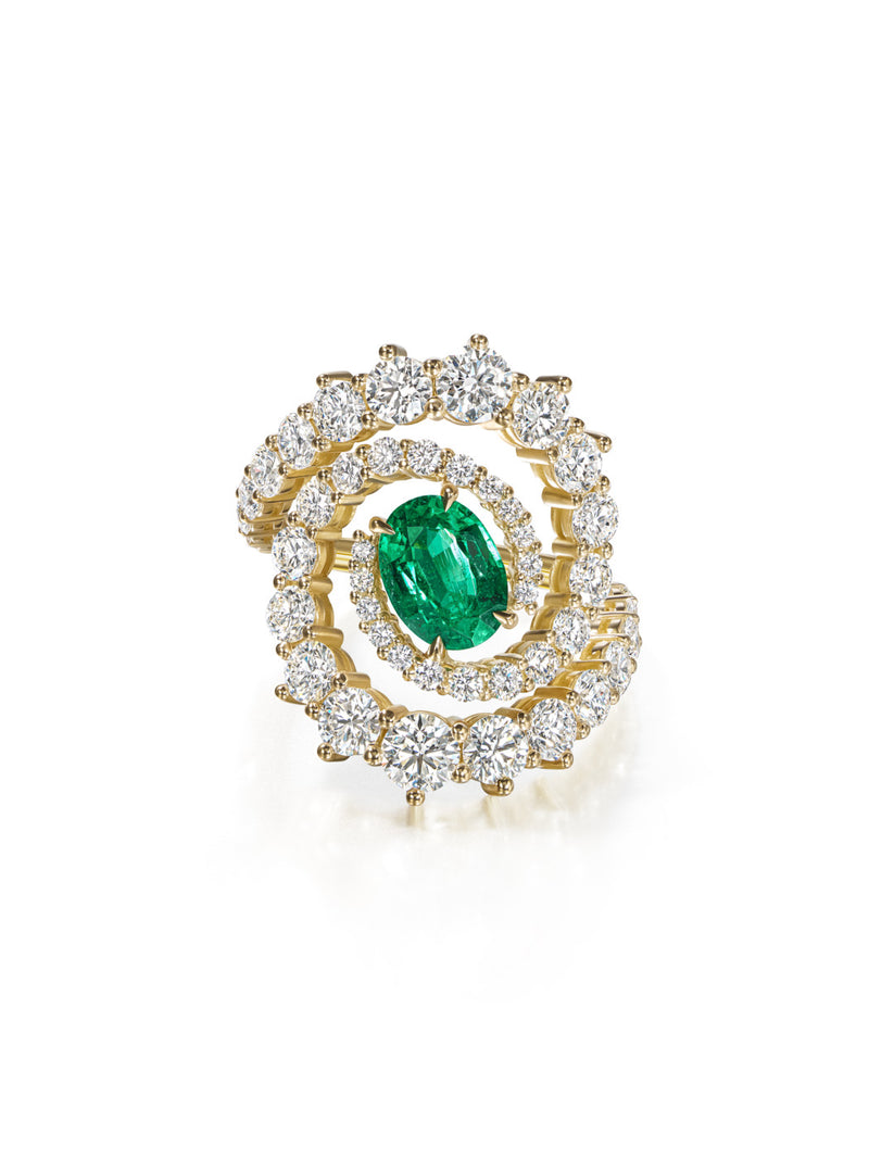 Spiral Ring with Diamonds and Emerald Center Stone in 18k Yellow Gold - Melissa Kaye